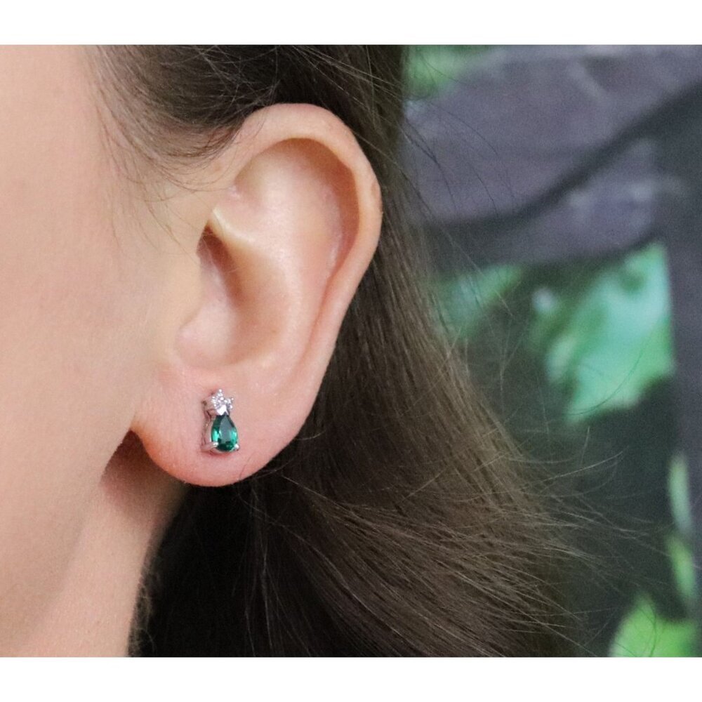 14k White Gold Lab Created Emerald & Diamond Earrings Stud Post Earrings 3/8" - Picture 2 of 9